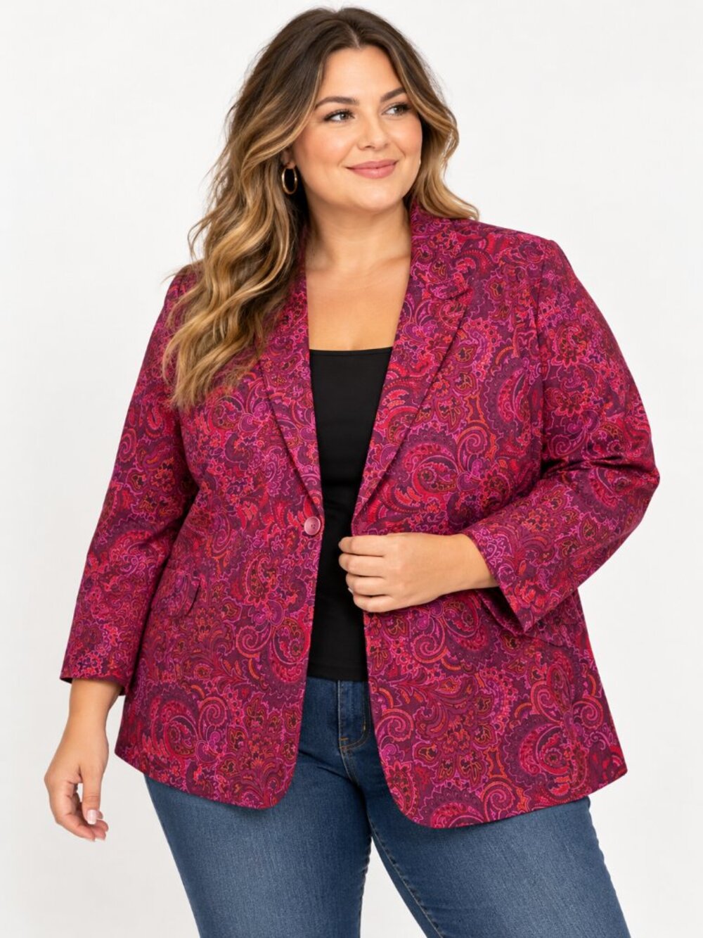 Susan Graver Size 4x Petite Liquid Knit Fusion Revere Collar Blazer Paisley Pink